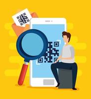 scan code qr in smartphone with man and icons vector