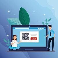 scan code qr in laptop with man and icons vector