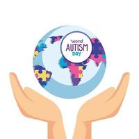 world autism day with hands and world planet vector
