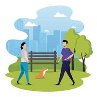 pareja con perro en el paisaje del parque vector