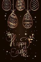 happy easter card golden with eggs decorated hanging vector