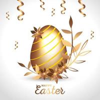 happy easter card golden with egg decorated and flowers vector