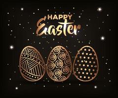 happy easter card golden with eggs decorated vector