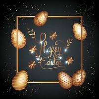 happy easter card golden with eggs decorated vector