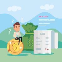 tax day poster with businessman in landscape with icons vector