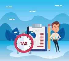 tax day poster with businessman in landscape with icons vector