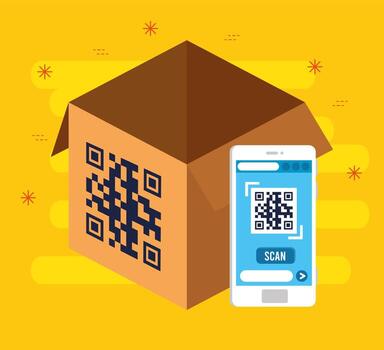código qr dentro del diseño de vector de caja y teléfono inteligente