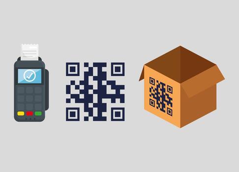 código qr sobre diseño de vector de caja y datáfono