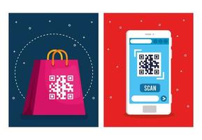 qr code over shopping bag and smartphone vector design