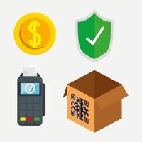 código qr sobre caja escudo de monedas y diseño de vector de datáfono