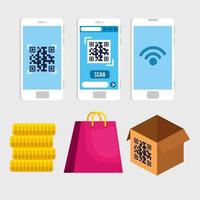 código qr dentro de teléfonos inteligentes, monedas, bolsa y caja, diseño vectorial vector