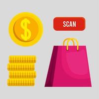 Shopping bag scan button and coins vector design