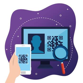 qr code inside smartphone lupe and computer vector design