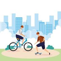 men with bike and skateboard in cityscape vector