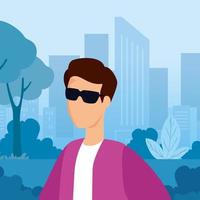 young man with sunglasses in cityscape vector