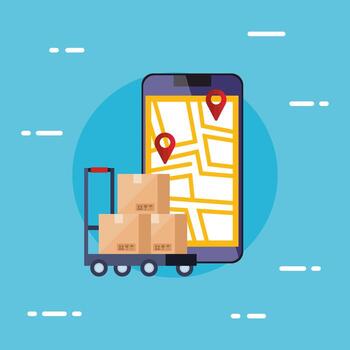 smartphone with map location app and boxes vector