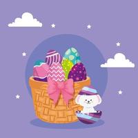 cute eggs easter with rabbit and basket wicker vector