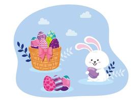 eggs easter in basket wicker with rabbit vector