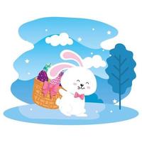 eggs easter in basket wicker with bunny and landscape vector