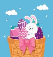 cute eggs easter with rabbit in basket wicker vector