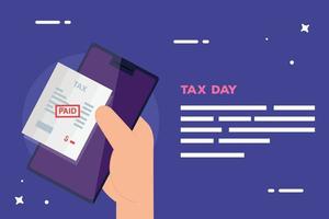 cartel del día de impuestos con teléfono inteligente de usuario de mano y documento pagado vector