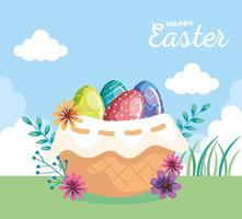 happy easter card with eggs decorated in basket wicker vector