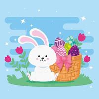 Conejo con huevos de pascua en canasta de mimbre y decoración vector