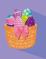 cute eggs easter decorated in basket wicker vector