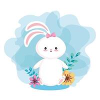 cute rabbit female with flowers and leafs vector