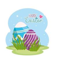 happy easter card with eggs decorated in grass vector