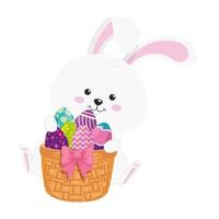 Conejo y lindos huevos de pascua decorados con canasta de mimbre vector