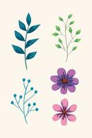 set of cute flowers and branches with leafs vector