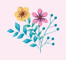 cute flowers and branches with leafs vector