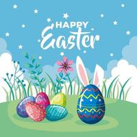 happy easter card with eggs decorated in grass vector