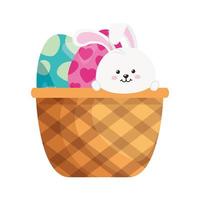 Conejo y juego de lindos huevos de pascua decorados en canasta de mimbre vector