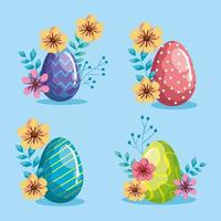 Establecer huevos de pascua decorados con flores y hojas. vector