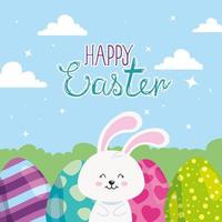 tarjeta de pascua feliz con conejo y huevos en el paisaje vector