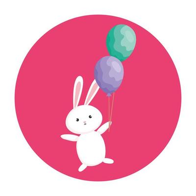 cute rabbit with balloons helium in frame circular