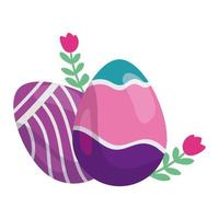 Conjunto de lindos huevos de pascua decorados y flores. vector