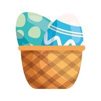 Conjunto de lindos huevos de pascua decorados en canasta de mimbre vector