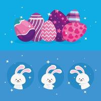 lindos conejos con huevos de pascua decorados vector