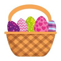 set of cute eggs easter decorated in basket wicker vector