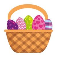 Conjunto de lindos huevos de pascua decorados en canasta de mimbre vector