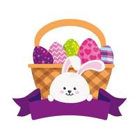 Conejo y juego de lindos huevos de pascua decorados en canasta de mimbre vector