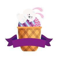 Conejo y juego de lindos huevos de pascua decorados en canasta de mimbre vector