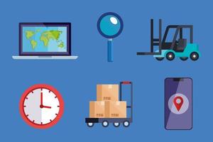 laptop lupe forklift clock boxes and smartphone vector design