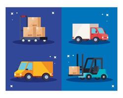 trucks forklift and boxes over cart vector design