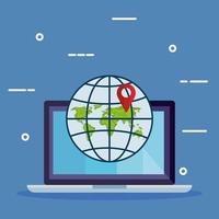 laptop with world map sphere and gps mark vector design