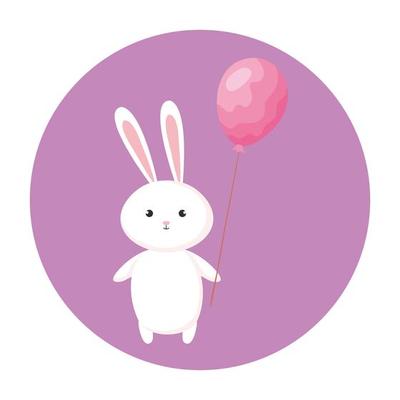 cute rabbit with balloon helium in frame circular