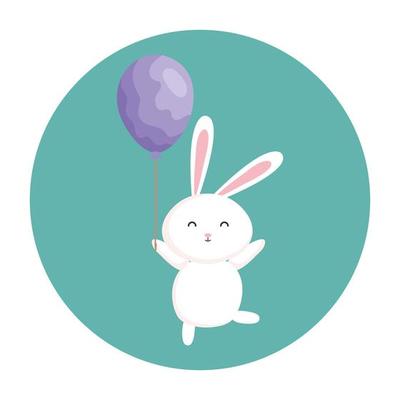 cute rabbit with balloon helium in frame circular
